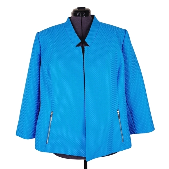 Kasper Blazer Size 20 Blue Open Front Zip Pockets Textured Slit Cuffs Mock Neck - Picture 2 of 11